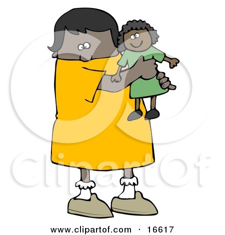 Little African American Girl Child Holding And Hugging Her Doll Toy While Playing Clipart Image Graphic by djart