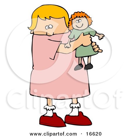 Little Blond Caucasian Girl Child Holding And Hugging Her Red Haired Doll Toy While Playing Clipart Image Graphic by djart