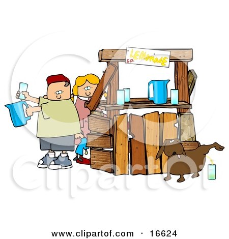 Unaware Boy and Girl Preparing Beverages at Their Lemonade Stand While Their Dog Urinates in a Cup For an Unsuspecting Customer Clipart Image Graphic by djart