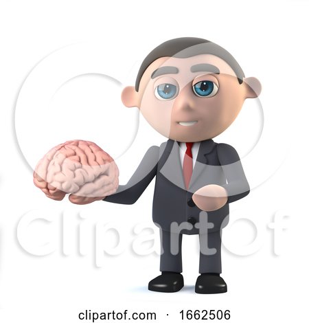 3d Funnny Cartoon Businessman Character in a Suit Holding a Human Brain by Steve Young