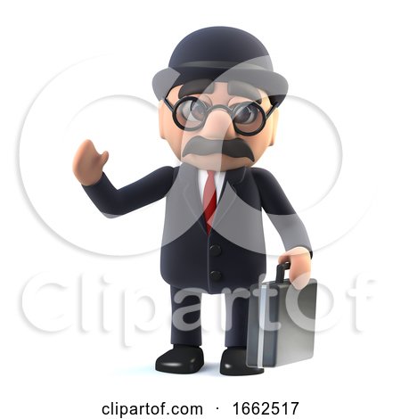 3d Bowler Hatted British Businessman with Briefcase Is Waving Hello by Steve Young