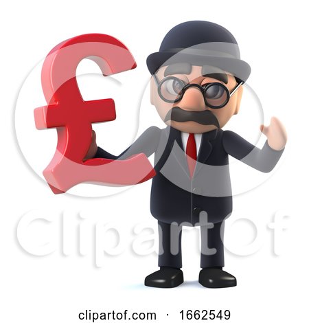 3d Bowler Hatted British Businessman Has UK Pounds Sterling Currency Symbol by Steve Young