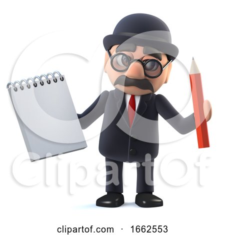 3d Bowler Hatted British Businessman Has a Notepad and Pencil by Steve Young