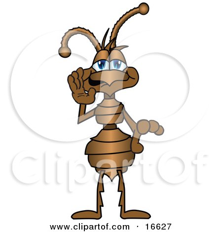 Clipart Picture of an Ant Bug Mascot Cartoon Character Holding His Hand Up to His Face and Whispering by Mascot Junction