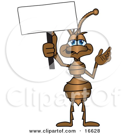 Clipart Picture of an Ant Bug Mascot Cartoon Character Holding up a Blank White Advertising Sign by Mascot Junction