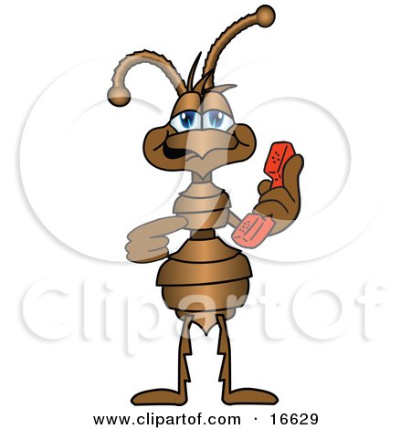 Clipart Picture of an Ant Bug Mascot Cartoon Character Pointing to a Red Telephone Reciever by Mascot Junction