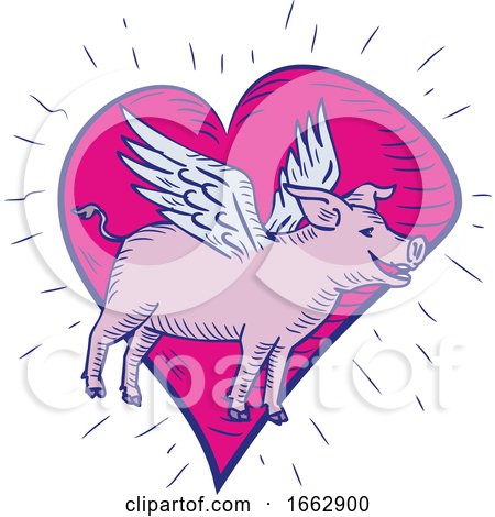 Pig with Wings Flying Heart Doodle by patrimonio