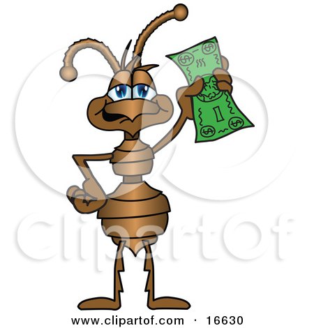 Clipart Picture of an Ant Bug Mascot Cartoon Character Holding up a Green Banknote by Mascot Junction