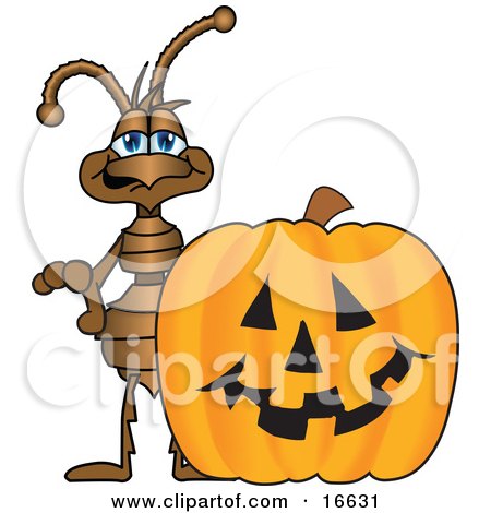 Clipart Picture of an Ant Bug Mascot Cartoon Character With a Halloween Pumpkin by Mascot Junction