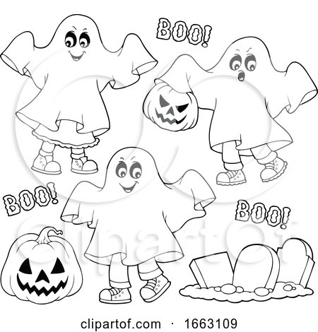 Black and White Kids in Halloween Ghost Costumes by visekart