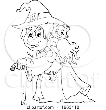 Black and White Halloween Witch with a Cat on Her Shoulder by visekart