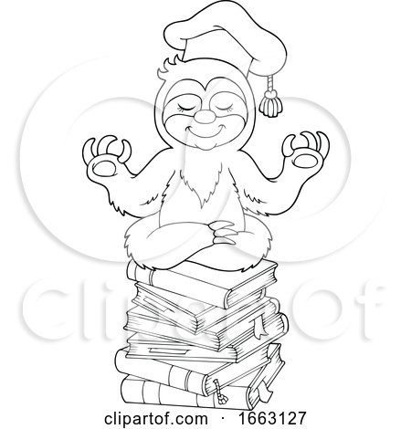 Black and White Meditating Professor Sloth on a Stack of Books by visekart