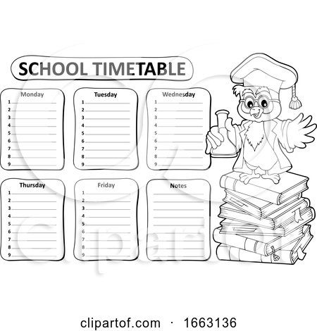 Professor Owl Holding a Science Flask by a School Timetable by visekart