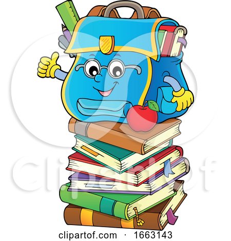 School Bag Character Giving a Thumb up on a Stack of Books by visekart