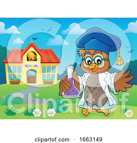 Professor Owl Holding a Science Flask by a School by visekart