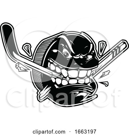 Black and White Hockey Puck Character Biting a Stick by Vector Tradition SM
