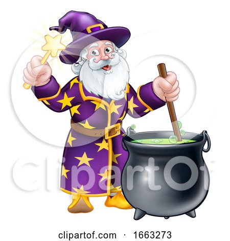 Wizard with Wand and Cauldron Cartoon by AtStockIllustration