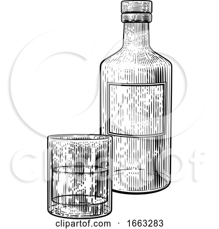 Drink Bottle and Glass in Vintage Woodcut Style by AtStockIllustration