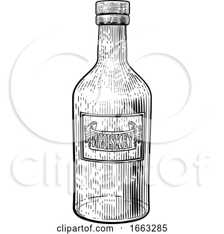 Whiskey or Whisky Glass Bottle Woodcut Etching by AtStockIllustration