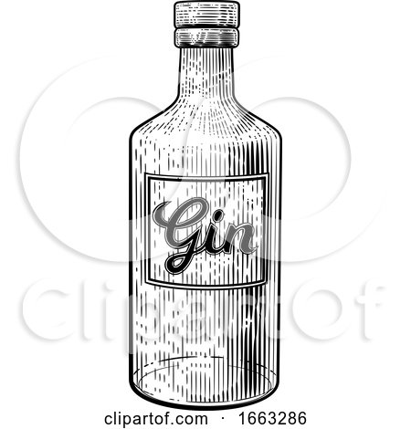 Gin Glass Bottle Vintage Woodcut Etching Style by AtStockIllustration