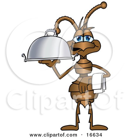 Clipart Picture of an Ant Bug Mascot Cartoon Character With a Napkin on His Arm, Serving a Food Platter by Mascot Junction