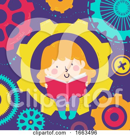 Kid Girl Read Book Gears Illustration by BNP Design Studio