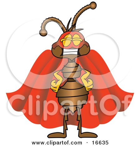 Clipart Picture of an Ant Bug Mascot Cartoon Character Wearing a Mask and Red Super Hero Cape by Mascot Junction