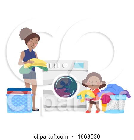 Kid Girl Mom Help Washing Clothes Illustration by BNP Design Studio