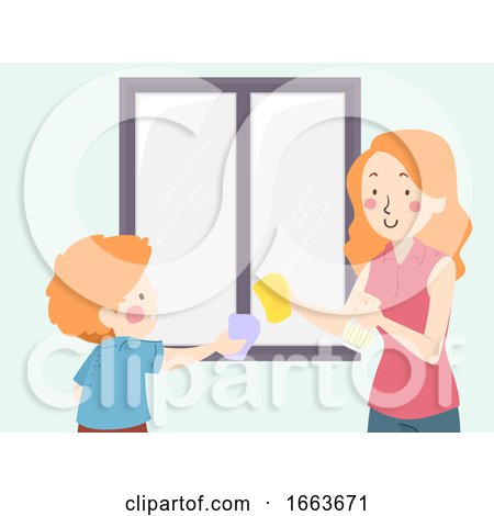 Kid Boy Mom Teach Clean Window Illustration by BNP Design Studio
