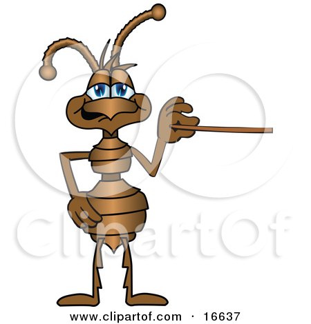 Clipart Picture of an Ant Bug Mascot Cartoon Character Holding a Pointer Stick by Mascot Junction