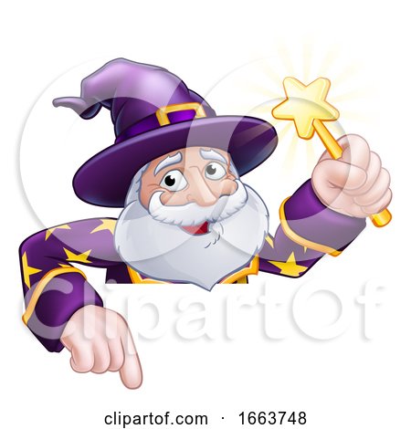 Wizard Cartoon Peeking over Sign Pointing by AtStockIllustration