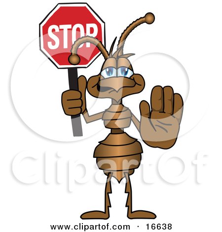 Clipart Picture of an Ant Bug Mascot Cartoon Character With His Hand Out, Holding a Stop Sign by Mascot Junction
