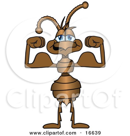 Clipart Picture of a Strong Ant Bug Mascot Cartoon Character Flexing His Bicep Arm Muscles by Mascot Junction