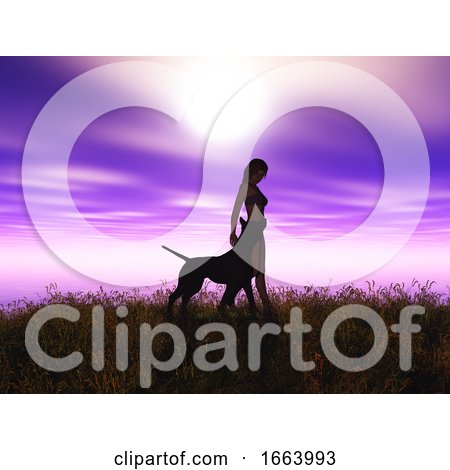 3D Female and Her Pet Dog in a Sunset Landscape by KJ Pargeter