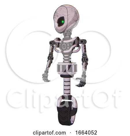 Cyborg Containing Grey Alien Style Head and Green Inset Eyes and Light Chest Exoshielding and No Chest Plating and Unicycle Wheel. Sketch Pad. Standing Looking Right Restful Pose. by Leo Blanchette
