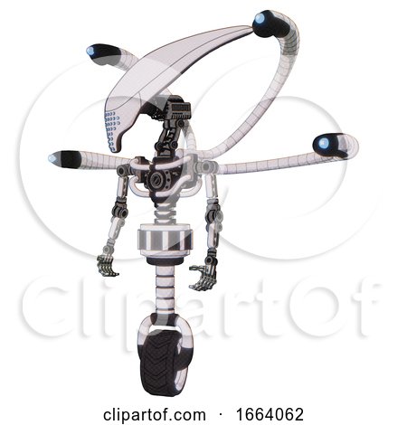 Automaton Containing Flat Elongated Skull Head and Light Chest Exoshielding and Blue-eye Cam Cable Tentacles and No Chest Plating and Unicycle Wheel. White Halftone Toon. by Leo Blanchette