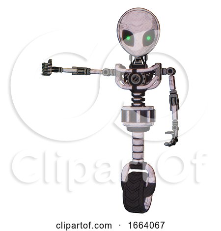 Cyborg Containing Grey Alien Style Head and Green Inset Eyes and Light Chest Exoshielding and No Chest Plating and Unicycle Wheel. Sketch Pad. Arm out Holding Invisible Object.. by Leo Blanchette