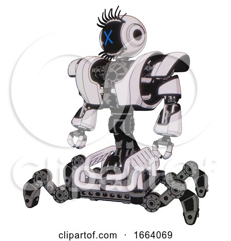 Mech Containing Digital Display Head and X Face and Eye Lashes Deco and Heavy Upper Chest and Heavy Mech Chest and Insect Walker Legs. White Halftone Toon. Standing Looking Right Restful Pose. by Leo Blanchette
