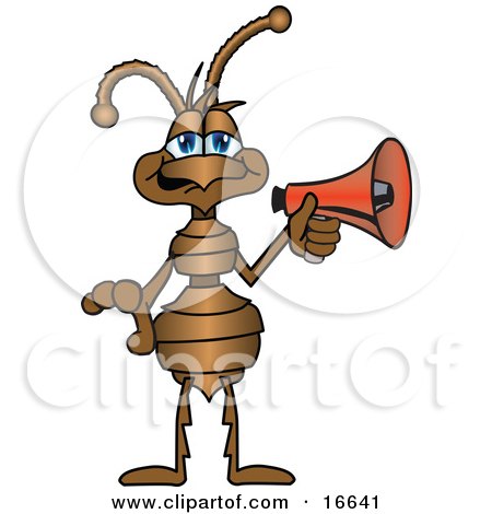 Clipart Picture of an Ant Bug Mascot Cartoon Character With a Red Megaphone or Bullhorn by Mascot Junction