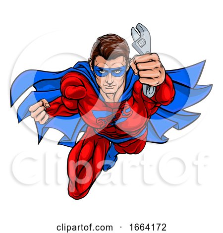 Plumber Mechanic Superhero Holding Wrench Spanner by AtStockIllustration