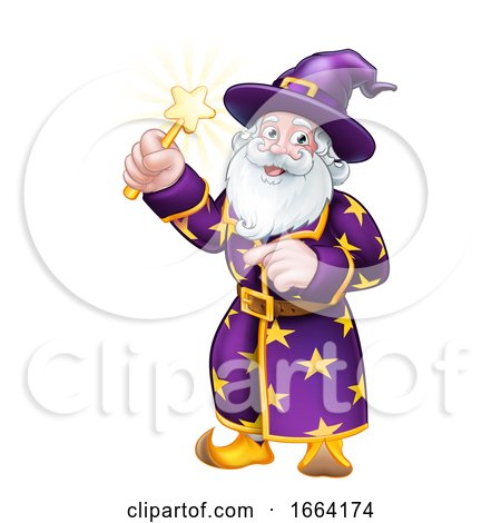 Wizard with Wand Pointing Cartoon Character by AtStockIllustration