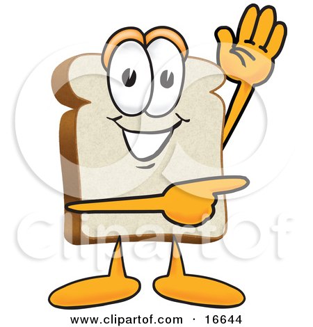 Clipart Picture of a Slice of White Bread Food Mascot Cartoon Character Waving and Pointing  by Mascot Junction