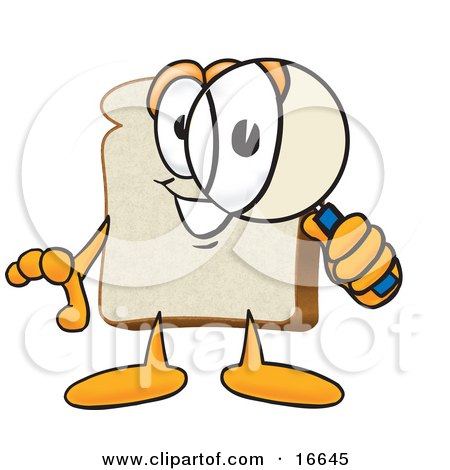 Clipart Picture of a Slice of White Bread Food Mascot Cartoon Character Peering Through a Magnifying Glass by Mascot Junction