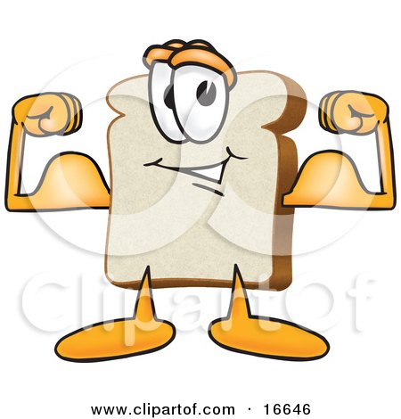 Clipart Picture of a Slice of White Bread Food Mascot Cartoon Character Flexing His Strong Bicep Arm Muscles by Mascot Junction