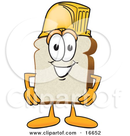 Clipart Picture of a Slice of White Bread Food Mascot Cartoon Character Wearing a Yellow Hardhat Helmet by Mascot Junction