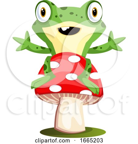 Joyful Frog Mascot Sitting on a Mushroom by Morphart Creations