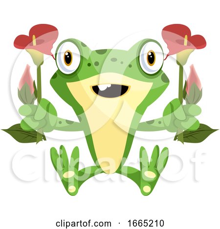 Joyful Baby Frog Holding Two Flowers by Morphart Creations
