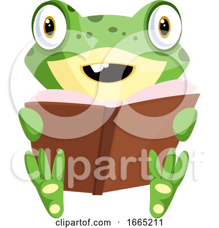 Smiling Cartoon Baby Frog Reading a Book by Morphart Creations