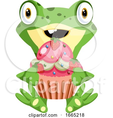 Cute Baby Frog Holding a Cupcake with the Strawberries by Morphart Creations