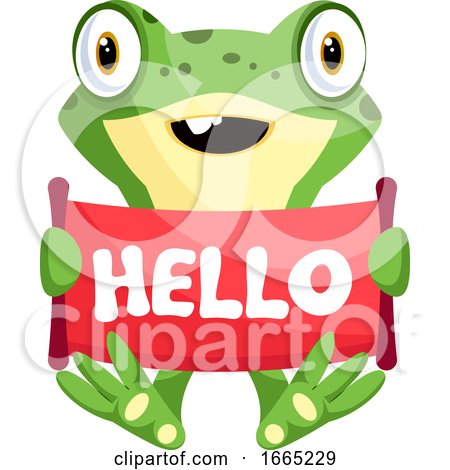 Cute, Smiling Frog Holding Hello Sign by Morphart Creations
